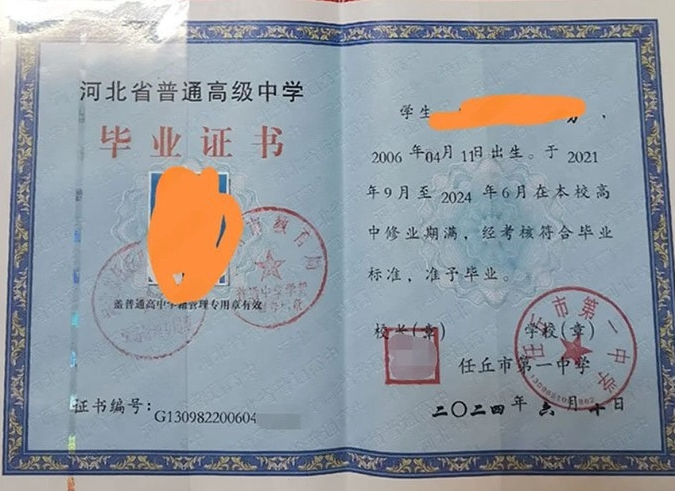 晋宁任丘市第一中学高中毕业证样本图片